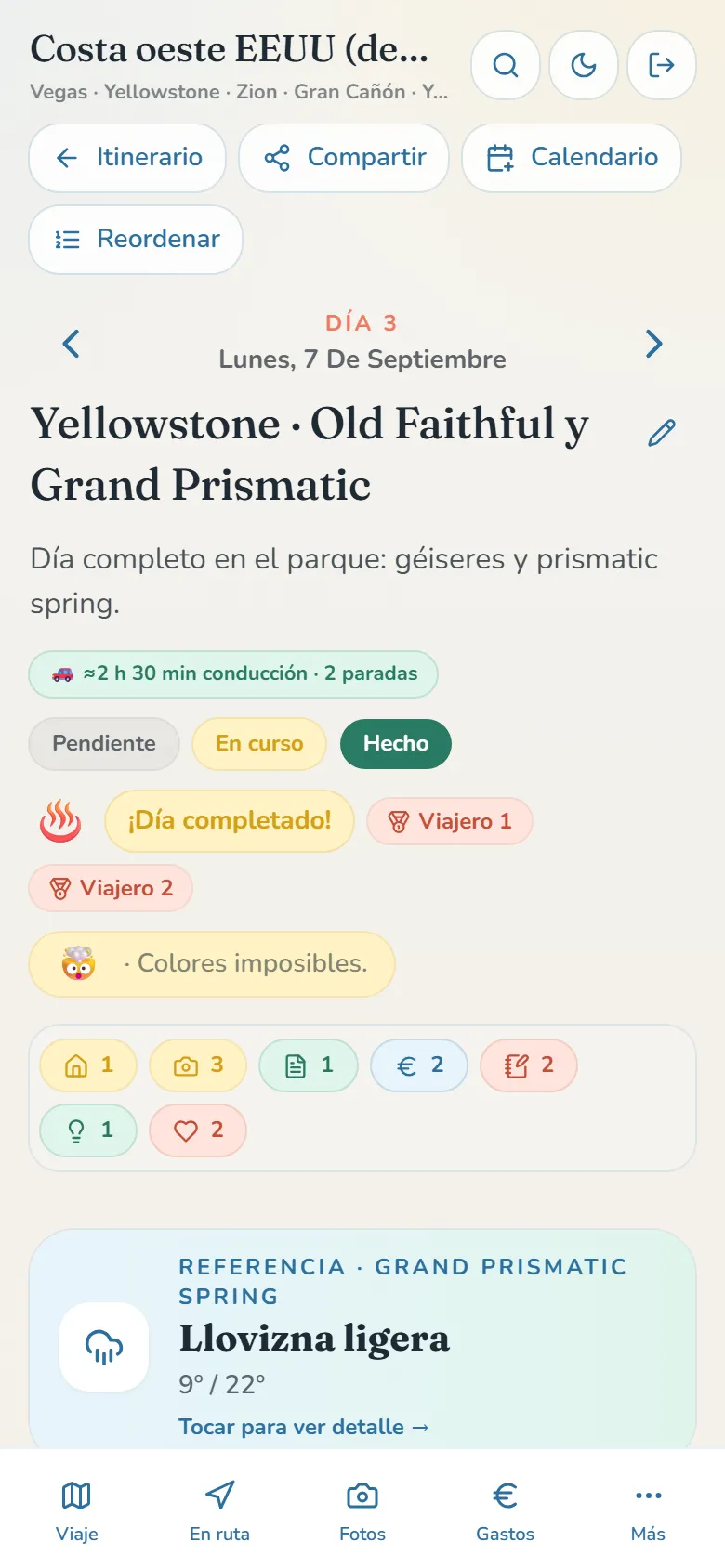 Vista del día en Diaruta: paradas, tiempos y clima