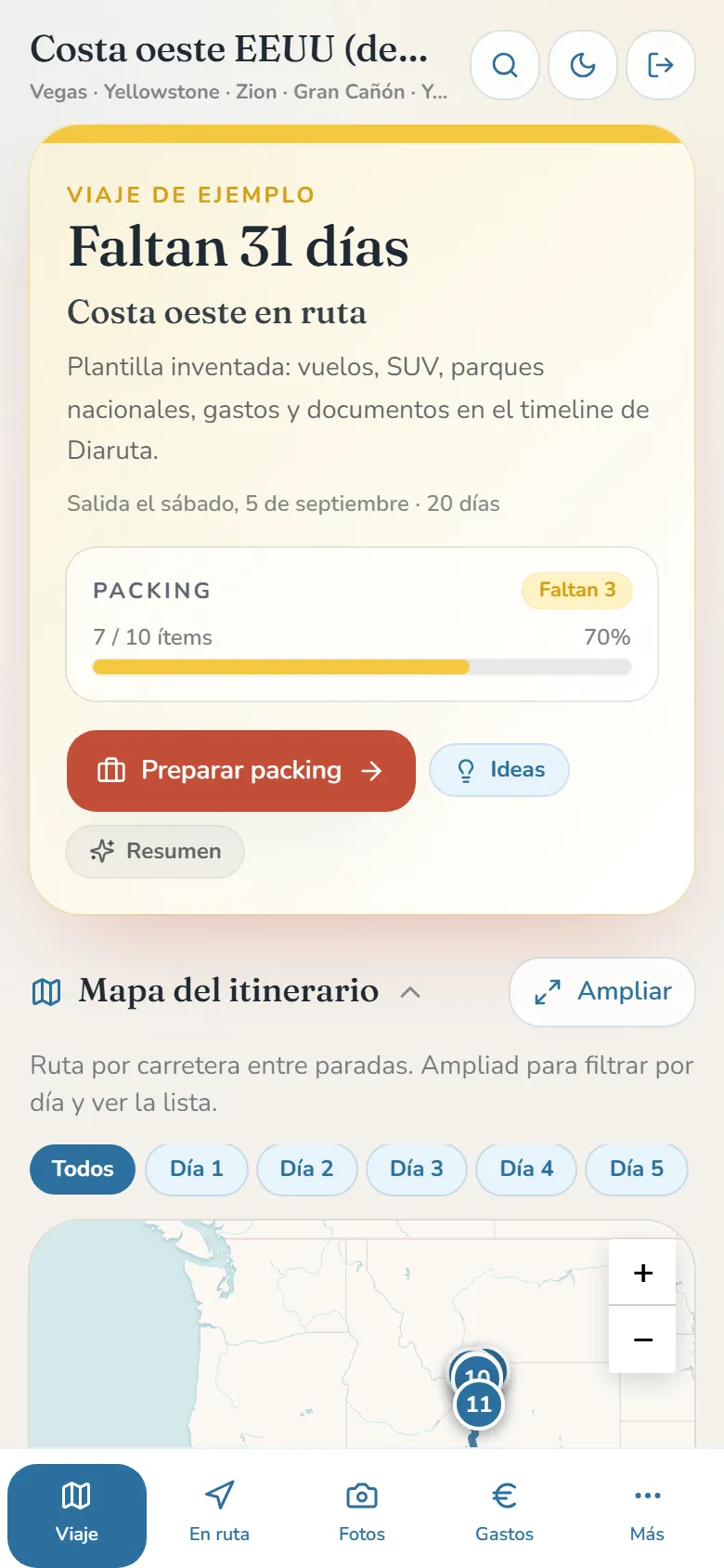 Pantalla de inicio de Diaruta con el viaje del día
